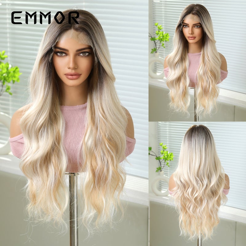 EMMOR Cross-Border 13*6 Large Area Front Lace Wig, Medium Part, Highlighted Golden Color, Fluffy Long Curly Hair - Image 1