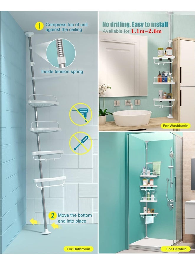 4 Layer Shelf Corner Shower Caddy Tension Pole, Stainless Steel Constant Tension Pole, Adjustable Corner Shower Shelf, Rustproof Floor Standing Rack ，1.1m to 2.6m - Image 5
