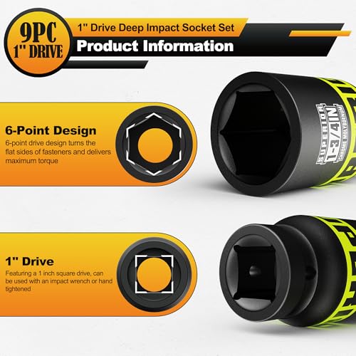 Aiourx 9 Piece 1" Drive Deep Impact Socket Set, 1" - 2" Jumbo Socket, SAE, 6-Point, Heavy Duty CR-MO, Truck Tire Service, Mechanical Equipment Maintance - Image 3