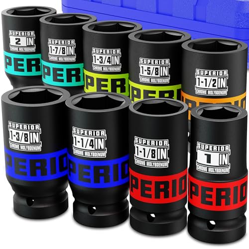 Aiourx 9 Piece 1" Drive Deep Impact Socket Set, 1" - 2" Jumbo Socket, SAE, 6-Point, Heavy Duty CR-MO, Truck Tire Service, Mechanical Equipment Maintance - Image 1
