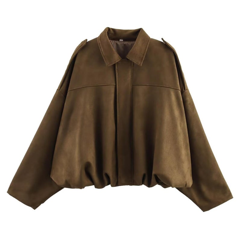 CUFEZN Womens Faux Suede Bomber Jacket Oversized Streetwear Casual Lapel Long Sleeve Motorcycle Jacket 2025 Fall Trendy Y2k Going Out Coat Brown Medium - Image 2