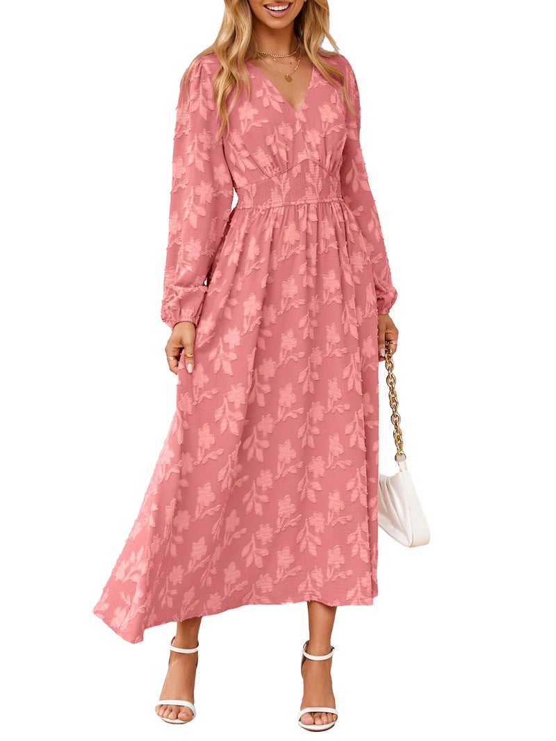 Simplee Womens Boho Floral Long Sleeve Maxi Dress V Neck Empire Waist Fall Wedding Guest Dresses with Pockets Rust Pink S - Image 1
