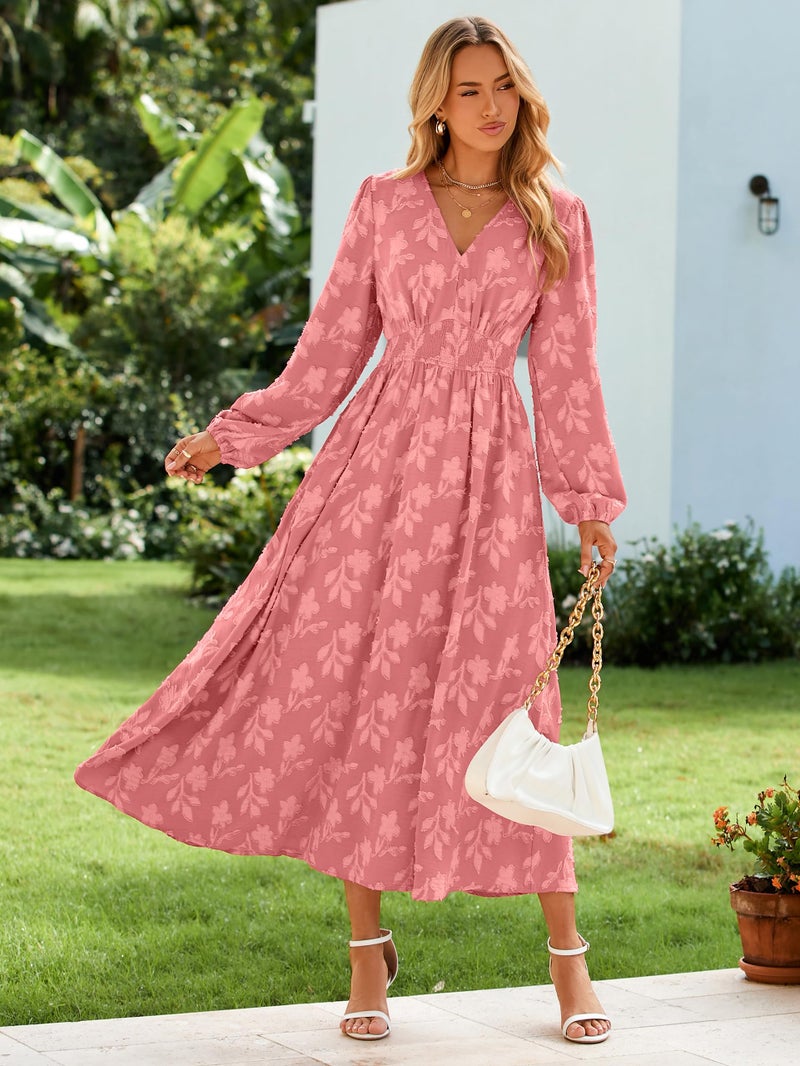 Simplee Womens Boho Floral Long Sleeve Maxi Dress V Neck Empire Waist Fall Wedding Guest Dresses with Pockets Rust Pink S - Image 2