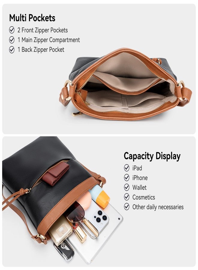 nuoku Small Crossbody Bags for Women, Large Capacity Leather Crossbody Purse, Lightweight Soft Shoulder Bag for Everyday Essentials, Classic Black-Brown for Office - Image 2