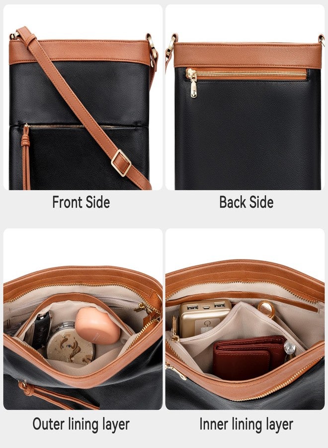 nuoku Small Crossbody Bags for Women, Large Capacity Leather Crossbody Purse, Lightweight Soft Shoulder Bag for Everyday Essentials, Classic Black-Brown for Office - Image 3