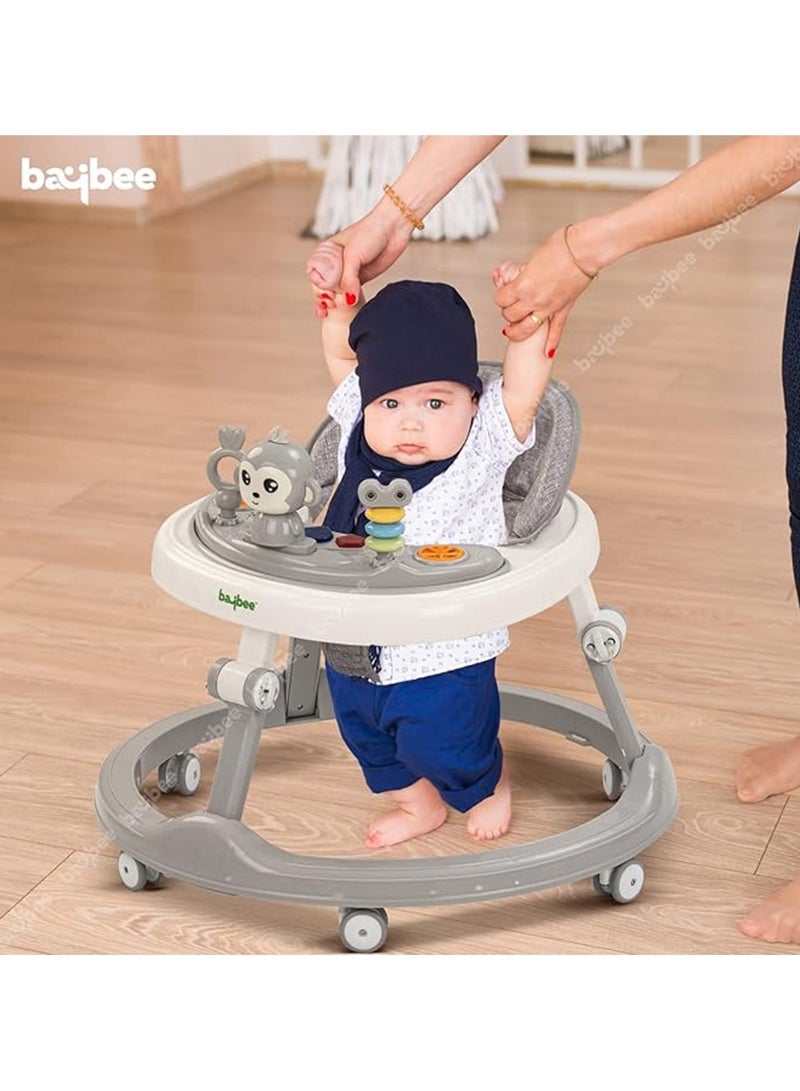 Baybee Drono Baby Walker for Kids, Round Kids Walker with 4 Seat Height Adjustable | Foldable Activity Walker for Baby with Food Tray & Musical Toy Bar | Walker Baby 6-18 Months Boys Girls (Grey)