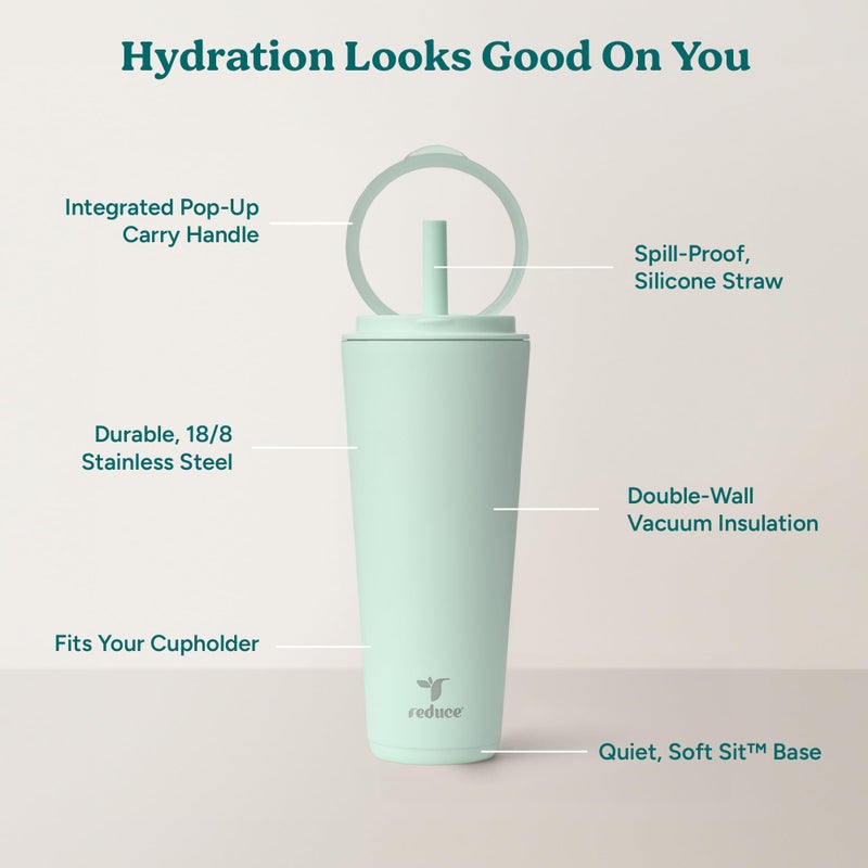 REDUCE Halo 32 oz Stainless Steel Vacuum Insulated Tumbler - Spill Proof Travel Mug with Flip Handle Lid - Keeps Drinks Cold for 32 Hrs - Dishwasher Safe - Cupholder Friendly - Sea Glass - Image 4