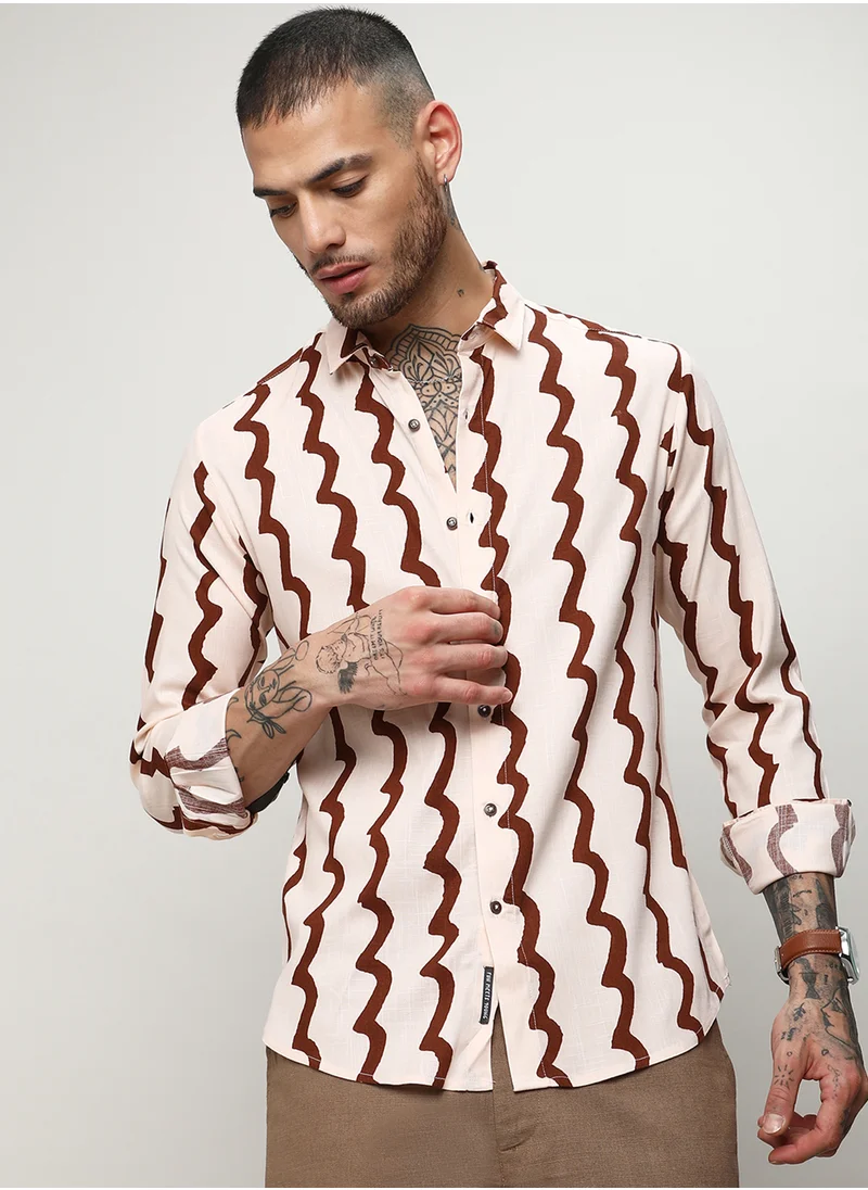 كامبوس سوترا Men's Beige & Brown Contrast Paint Lines Shirt