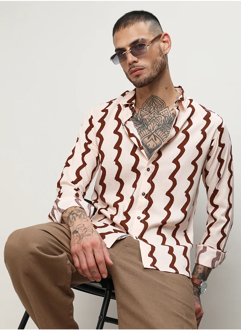 كامبوس سوترا Men's Beige & Brown Contrast Paint Lines Shirt