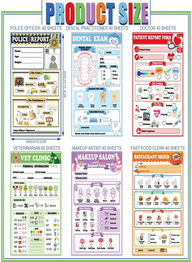 Eaasty 6 Pack Kids Pretend Play Notepads 40 Pages Police Doctor Fast Food Makeup Artist Dentist Veterinarian Imaginative Role Play - Image 3