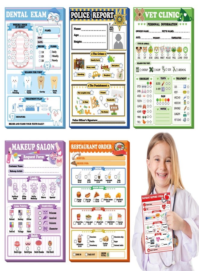 Eaasty 6 Pack Kids Pretend Play Notepads 40 Pages Police Doctor Fast Food Makeup Artist Dentist Veterinarian Imaginative Role Play - Image 1