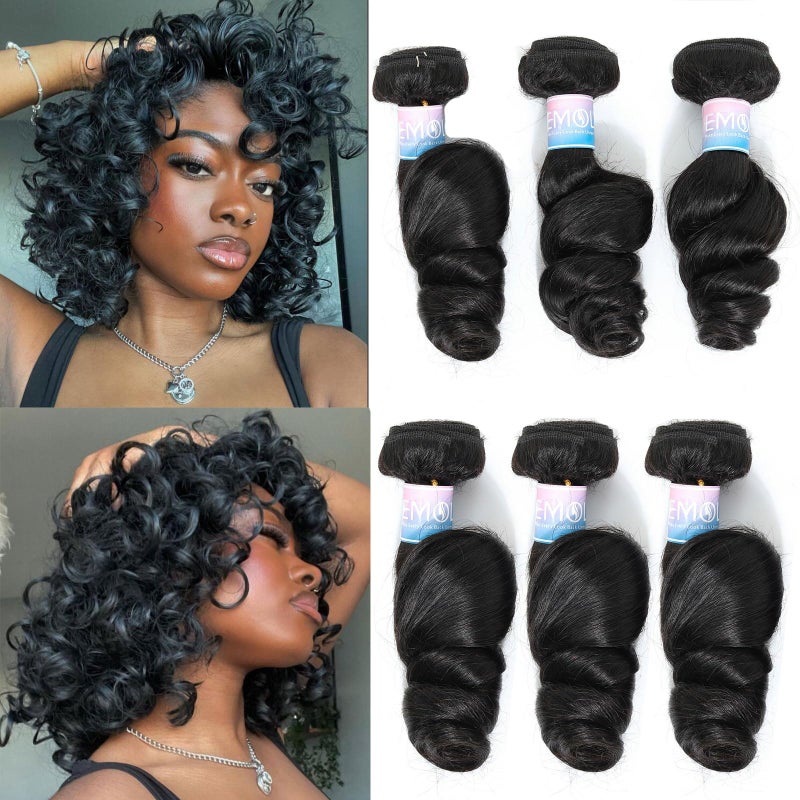 EMOL Loose Wave Bundles Human Hair Weave 3 Bundles Virgin Brazilian Loose Wavy Human Hair Weft Big Loose Spiral Wand Curls Short Hair Bundles Natural Black Human Hair Extensions 10 12 14 Inch - Image 1