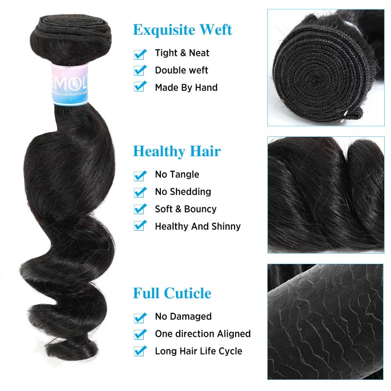 EMOL Loose Wave Bundles Human Hair Weave 3 Bundles Virgin Brazilian Loose Wavy Human Hair Weft Big Loose Spiral Wand Curls Short Hair Bundles Natural Black Human Hair Extensions 10 12 14 Inch - Image 3