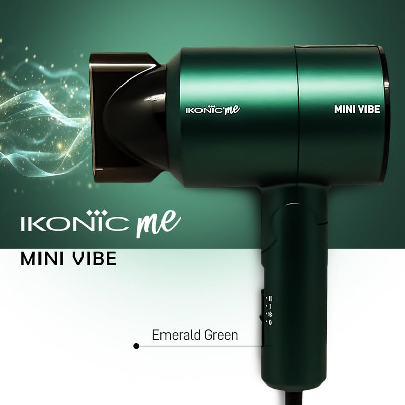 IKONIC مجفف الشعر إيكونيك ميني فايب 1200 واط مع إعدادين للسرعة، ميزة الهواء البارد، حماية من السخونة الزائدة، تصميم قابل للطي، مناسب للسفر، لمسة نهائية لامعة، مجفف للرجال والنساء، لجميع أنواع الشعر، زمردي - Image 2