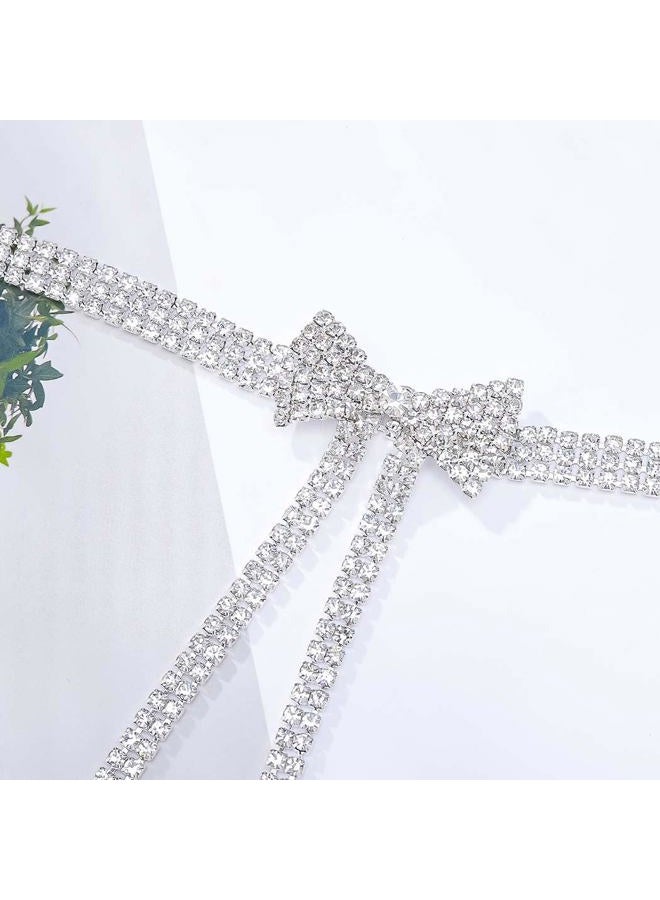 CanB Bow Rhinestone Waist Belt Silver Thin Belts Crystal Chain Beltfor Women, Silver, M - Image 3