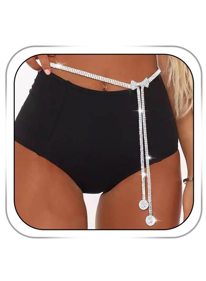 CanB Bow Rhinestone Waist Belt Silver Thin Belts Crystal Chain Beltfor Women, Silver, M - Image 1