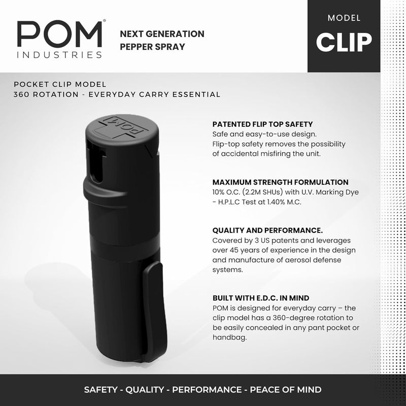 POM Pepper Spray Pocket Clip, Quick Flip Top Safety, Maximum Strength OC Formula with UV Marking Dye, Safe Compact and Tactical Design for Everyday Carry, 25 Bursts, 10 ft Range, 0.5 fl oz - Image 3