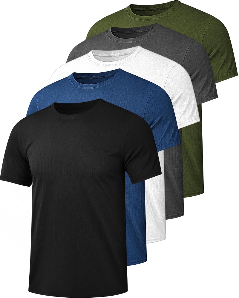 Kinglaman Mesh Workout Shirts for Men Dry Fit Gym Shirts Quick Dry Athletic Short Sleeve Sports T-Shirt Moisture Wicking 1 Black 1 Gray 1 White 1 Blue 1 Green Large - Image 1