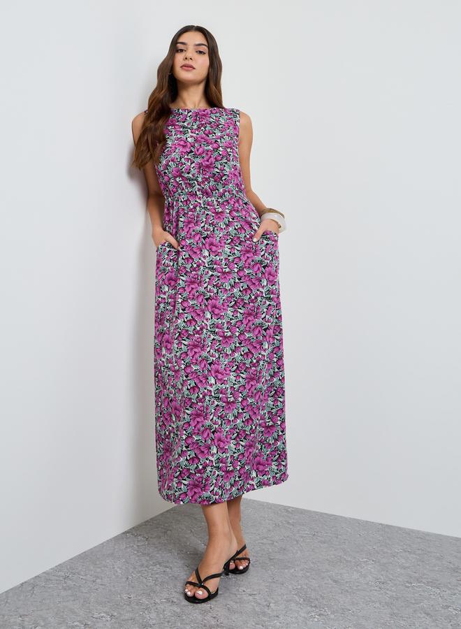 Take Two Purple Floral Print Sleeveless Midi Dress - Image 2