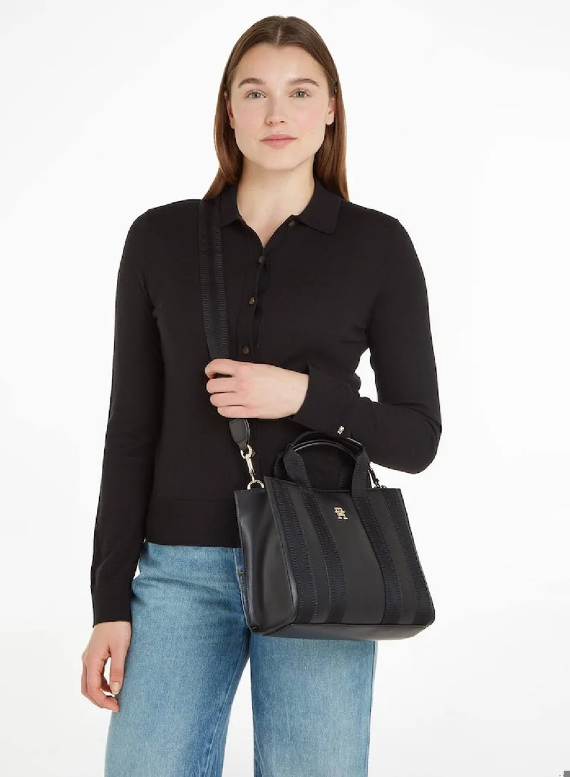 TOMMY HILFIGER Women's Tonial Stripe Small Tote Handbag -  Polyurethane, Black