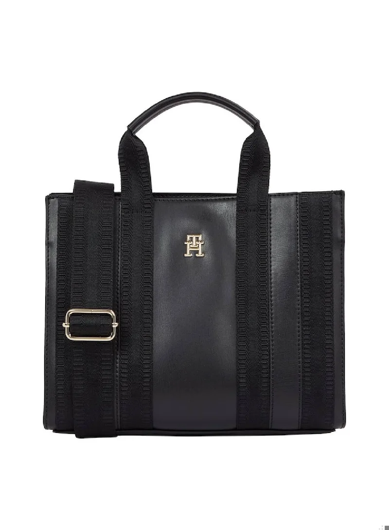 TOMMY HILFIGER Women's Tonial Stripe Small Tote Handbag -  Polyurethane, Black