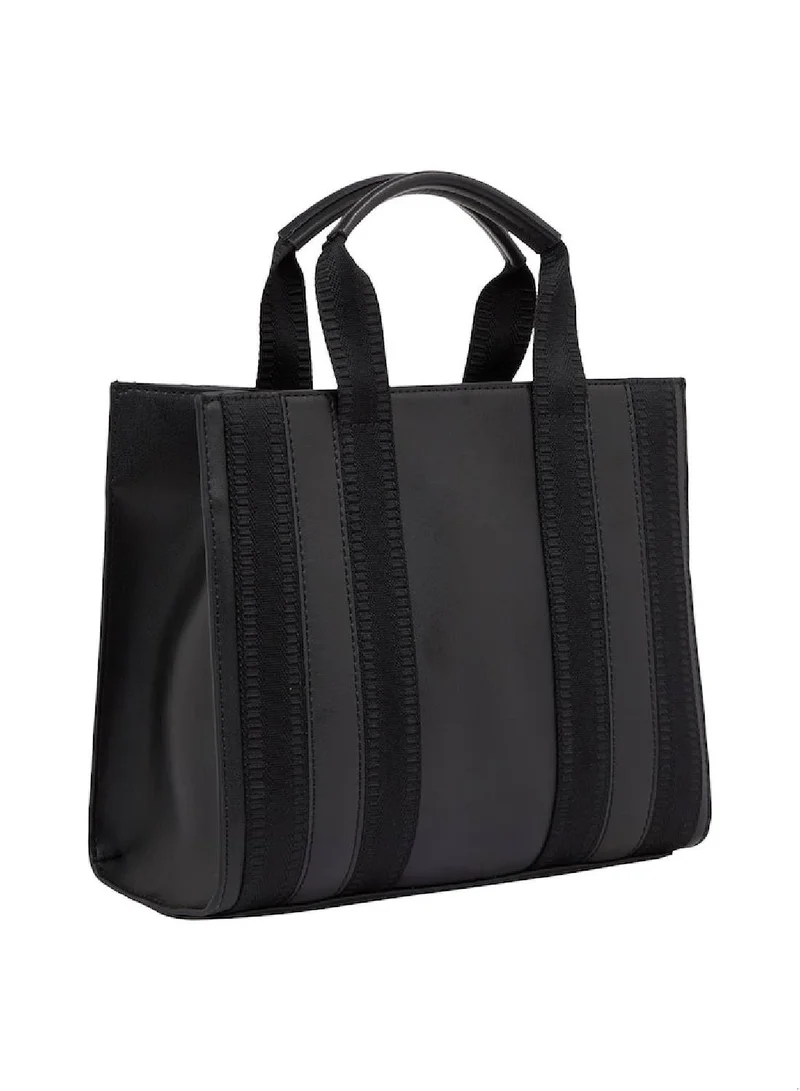 TOMMY HILFIGER Women's Tonial Stripe Small Tote Handbag -  Polyurethane, Black
