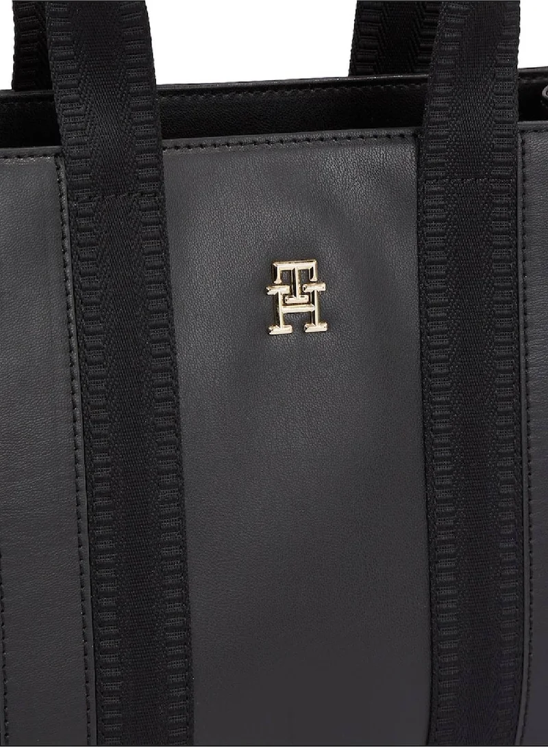 TOMMY HILFIGER Women's Tonial Stripe Small Tote Handbag -  Polyurethane, Black