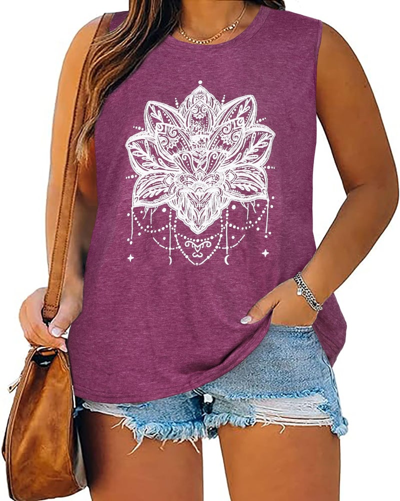 rosemia Plus Size Tops for Women Sleeveless Summer Tank Top Loose Fit Casual Tunics Shirts (Purple Flower, 3XL) - Image 1