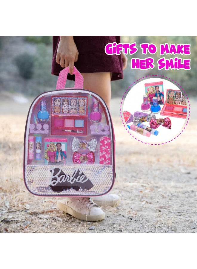 TOWNLEY GIRL Barbie - Townley Girl 15 Pcs Makeup Filled Backpack Cosmetic Gift Set with Mirror Includes Lip Gloss, Nail Polish, Hair Bow & More! for Kids Girls, Ages 3+ Perfect for Parties, Sleepovers & Makeovers - Image 4