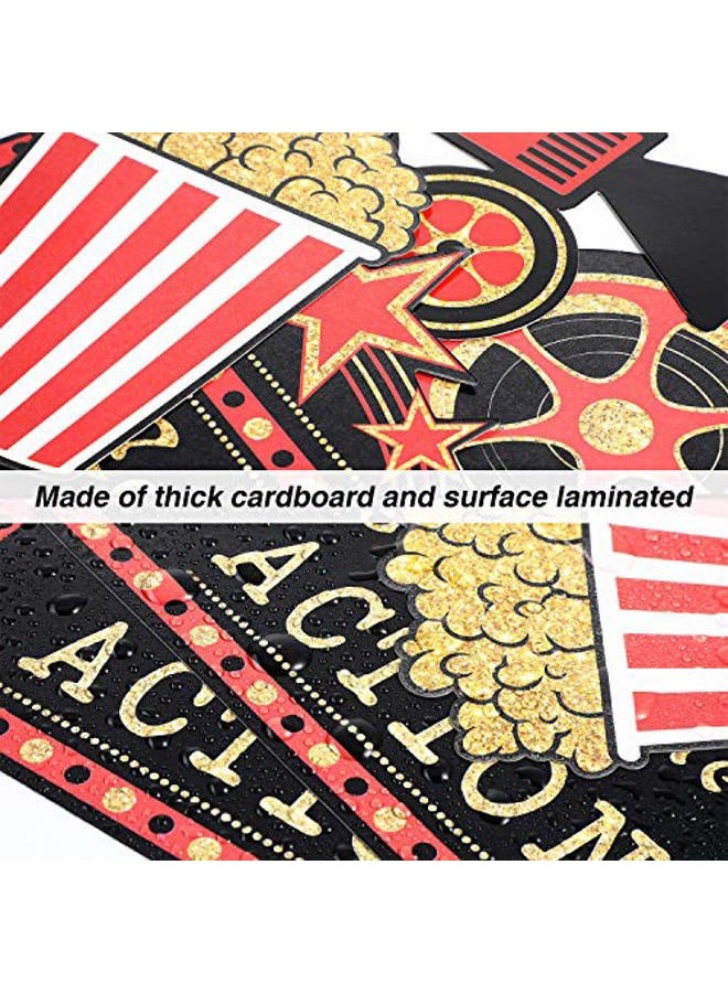 Hicarer 32 Pieces Movie Party Decorations Red Carpet Cutouts Movie Party Cards Table Toppers Movie Theme Decor Double Sided Printing Red Golden Black for Movie Night Party Supplies - Image 3