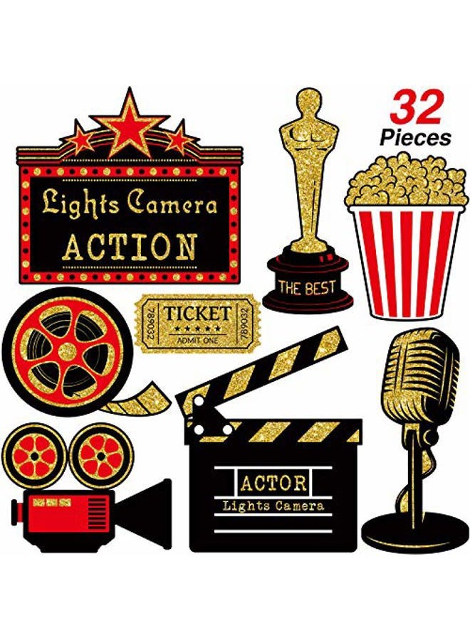 Hicarer 32 Pieces Movie Party Decorations Red Carpet Cutouts Movie Party Cards Table Toppers Movie Theme Decor Double Sided Printing Red Golden Black for Movie Night Party Supplies - Image 1