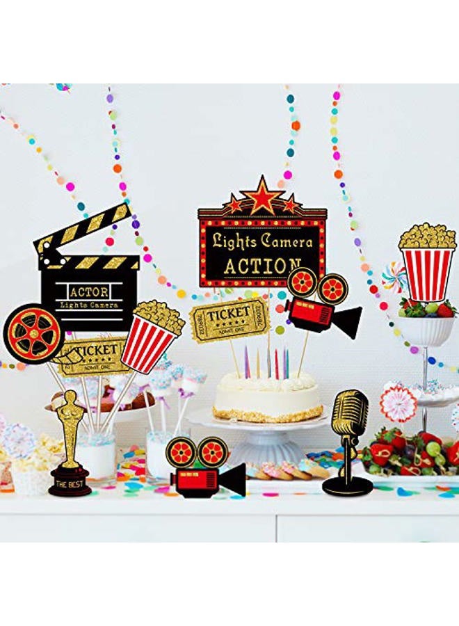 Hicarer 32 Pieces Movie Party Decorations Red Carpet Cutouts Movie Party Cards Table Toppers Movie Theme Decor Double Sided Printing Red Golden Black for Movie Night Party Supplies - Image 5