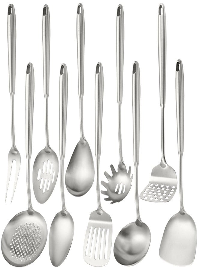 SUPROD 10 PCS Stainless Steel Kitchen Utensil Set Cooking Utensils, Potato Masher Solid Spoon Slotted Spoon Fork Spatula Ladle Skimmer Spoon Slotted Spatula Tunner Spaghetti Spoon Large Spoon - Image 1