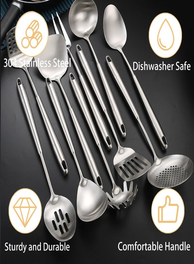 SUPROD 10 PCS Stainless Steel Kitchen Utensil Set Cooking Utensils, Potato Masher Solid Spoon Slotted Spoon Fork Spatula Ladle Skimmer Spoon Slotted Spatula Tunner Spaghetti Spoon Large Spoon - Image 4