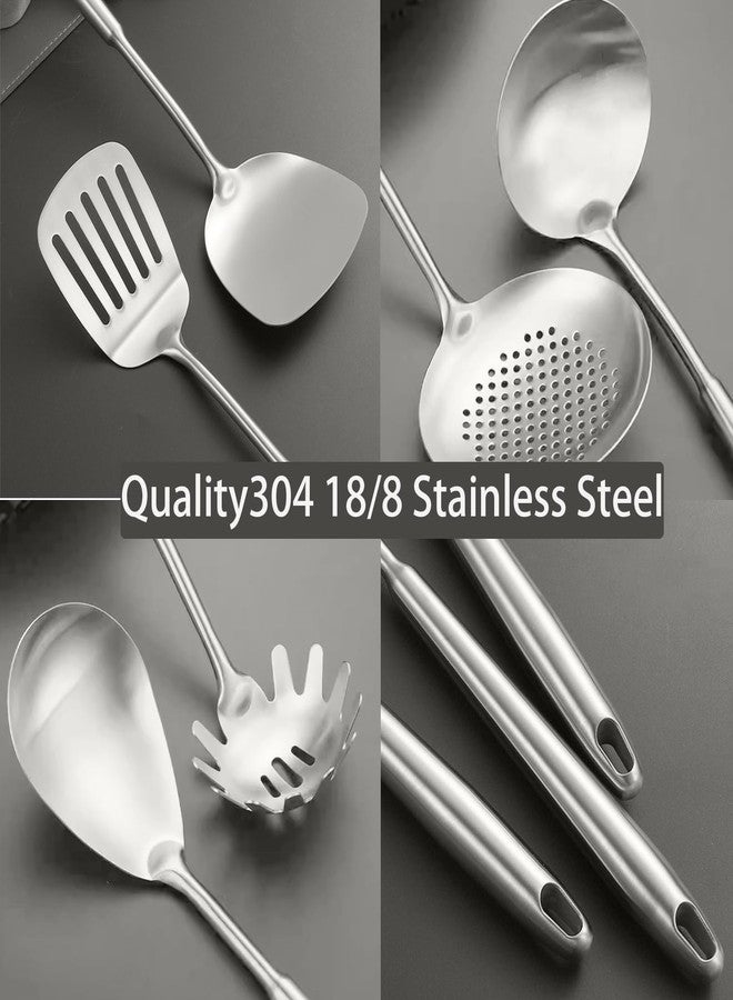 SUPROD 10 PCS Stainless Steel Kitchen Utensil Set Cooking Utensils, Potato Masher Solid Spoon Slotted Spoon Fork Spatula Ladle Skimmer Spoon Slotted Spatula Tunner Spaghetti Spoon Large Spoon - Image 3