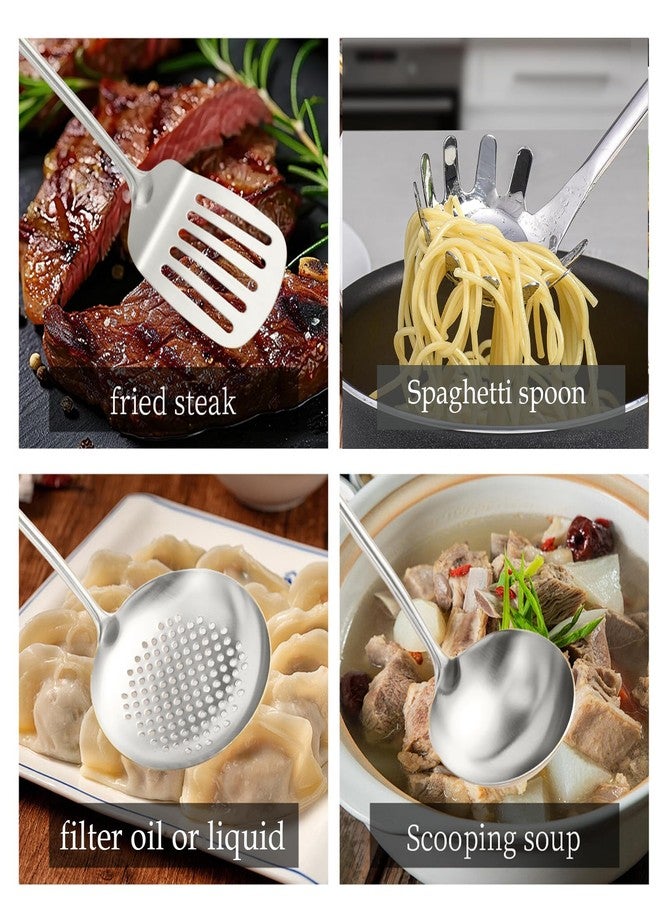 SUPROD 10 PCS Stainless Steel Kitchen Utensil Set Cooking Utensils, Potato Masher Solid Spoon Slotted Spoon Fork Spatula Ladle Skimmer Spoon Slotted Spatula Tunner Spaghetti Spoon Large Spoon - Image 2