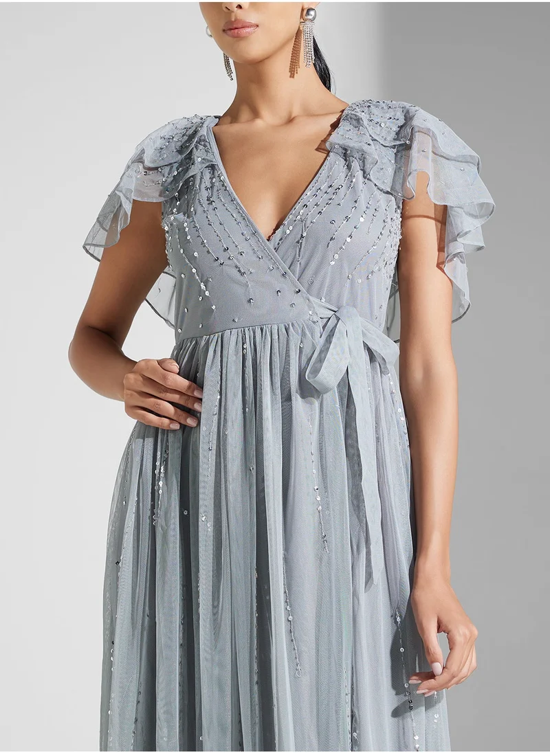 Amelia Rose Ruffled Sleeve Maxi Dress