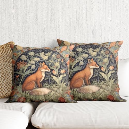 Sufeasdf William Morris Throw Pillow Covers 18x18 Inch Fox Gothic Animal Throw Pillows Covers for Couch Bed Dark Academia Moody Home Decor Vintage Orange Floral Botanical Sofa Cushion Covers Set of 2 - Image 1