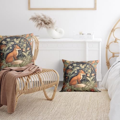 Sufeasdf William Morris Throw Pillow Covers 18x18 Inch Fox Gothic Animal Throw Pillows Covers for Couch Bed Dark Academia Moody Home Decor Vintage Orange Floral Botanical Sofa Cushion Covers Set of 2 - Image 2