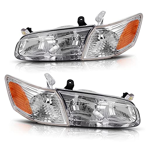 DWVO Headlights Assembly Compatible with 00 01 2000 2001 Camry Headlamp Replacement Pair Driver and Passenger Side Chrome Housing Clear Lens Amber Reflector - Image 1
