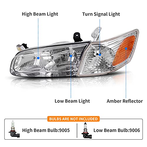 DWVO Headlights Assembly Compatible with 00 01 2000 2001 Camry Headlamp Replacement Pair Driver and Passenger Side Chrome Housing Clear Lens Amber Reflector - Image 3