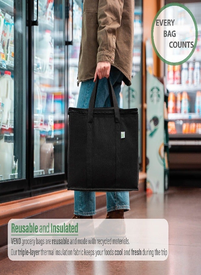 2 pack Additional Bottom Plate Black Insulated Grocery shopping bag, Delivery,pizza,reusable bags, Sturdy zipper,Collapsible,tote,cooler,thermal,Beach,waterproof heavy duty - Image 4