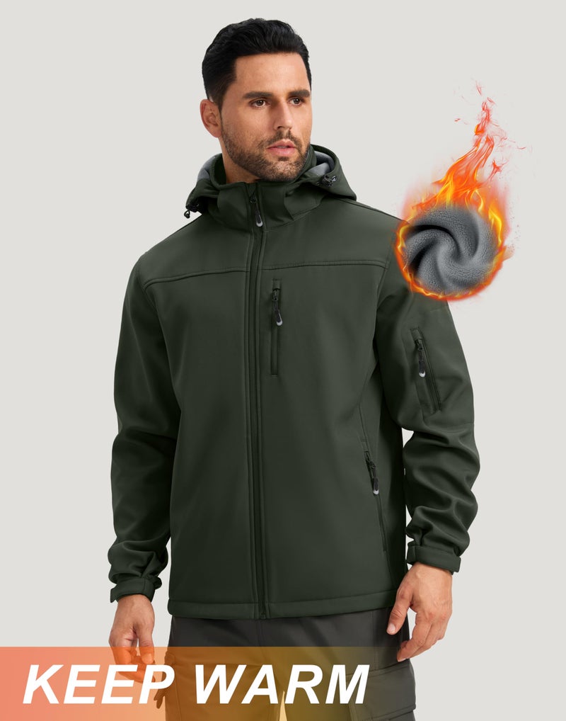 Pudolla Men's Softshell Jacket Fleece Lined Water Resistant Hooded Winter Coats for Men Outdoor Work Hiking with Pockets(Army Green Large) - Image 3