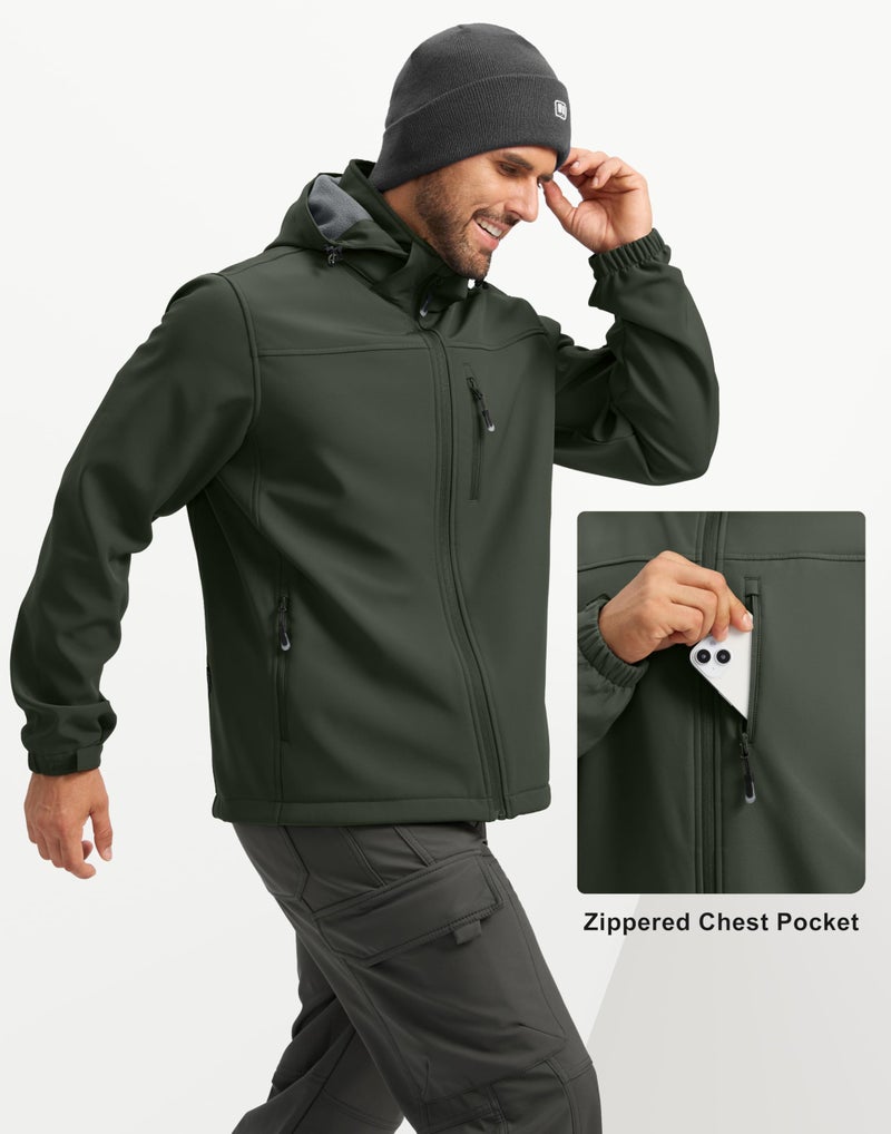 Pudolla Men's Softshell Jacket Fleece Lined Water Resistant Hooded Winter Coats for Men Outdoor Work Hiking with Pockets(Army Green Large) - Image 4