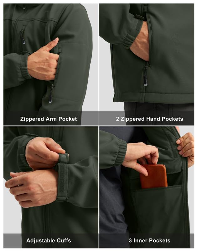 Pudolla Men's Softshell Jacket Fleece Lined Water Resistant Hooded Winter Coats for Men Outdoor Work Hiking with Pockets(Army Green Large) - Image 2