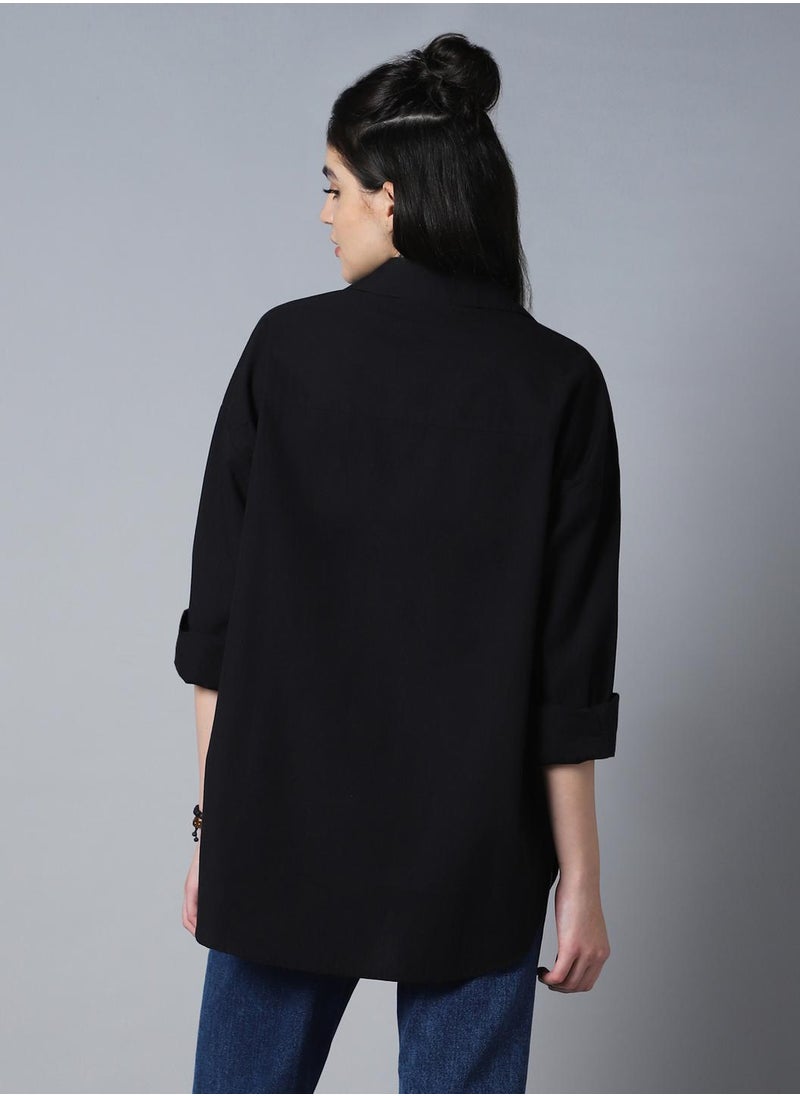 HIGH STAR - Relaxed Oversized Black Longline Shirt for Women, Spread Collar - Image 1