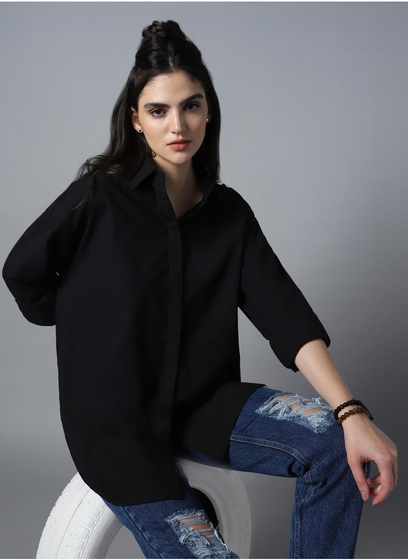 HIGH STAR - Relaxed Oversized Black Longline Shirt for Women, Spread Collar - Image 1