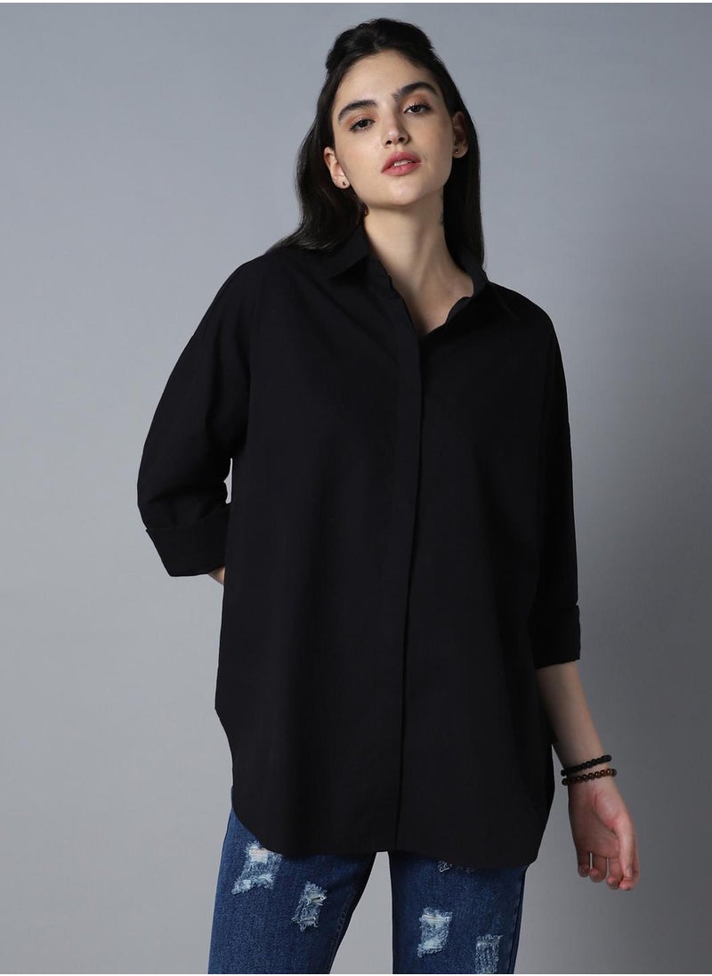 HIGH STAR - Relaxed Oversized Black Longline Shirt for Women, Spread Collar - Image 1