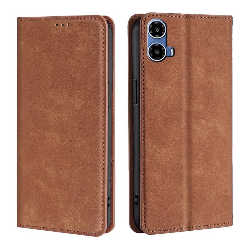 HuHa Protective Cover For Motorola Moto G34 5G Skin Feel Magnetic Leather Phone Case(Light Brown) - Image 1
