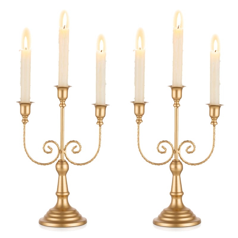 Romadedi Candelabra Gold Candle Holders - 3 Arm 11.8" Wedding Candlestick Holder for Theme Party Table Centerpiece Decor Dining Room Birthday Holiday Christmas, Set of 2 - Image 1